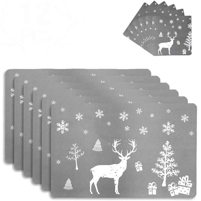 6 manteles individuales de Feliz Navidad y 6 juegos de posavasos, manteles individuales navideños lavables impermeables y antideslizantes de PVC para decoración navideña