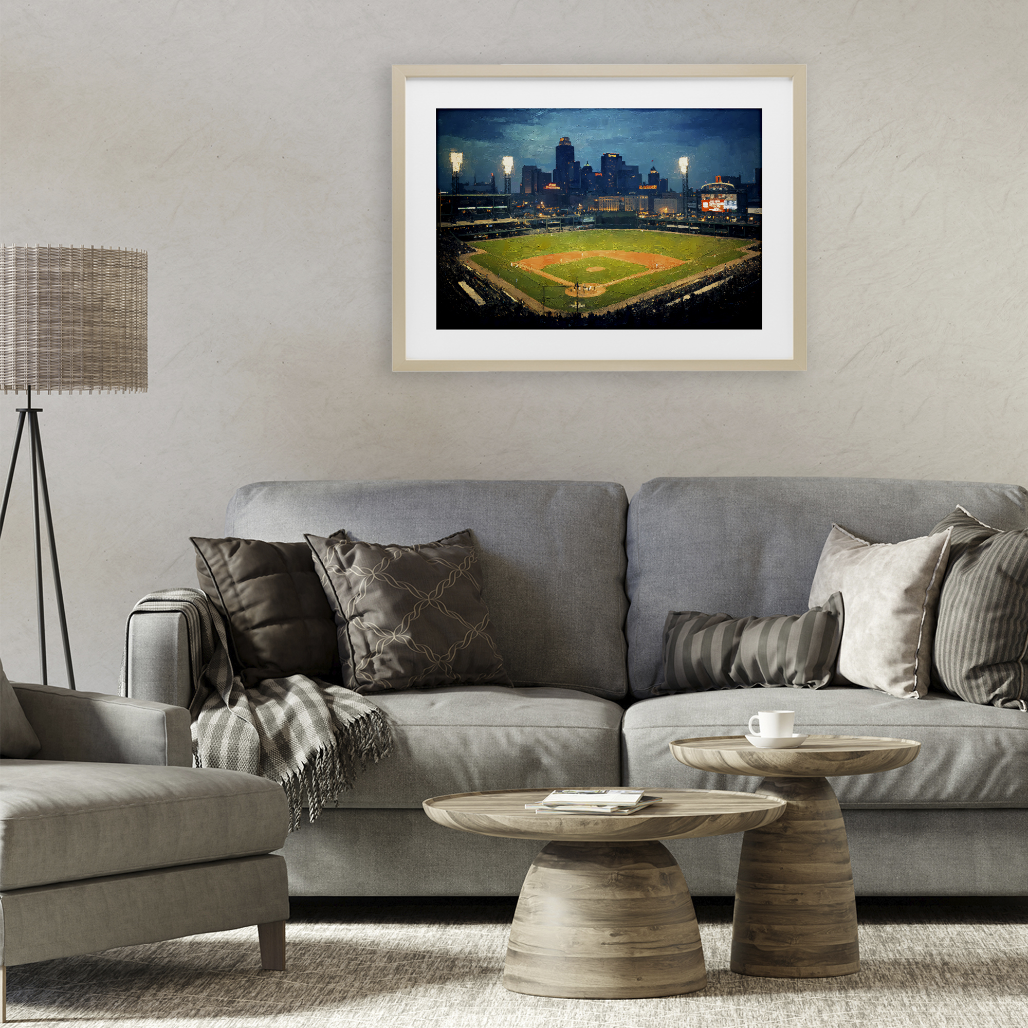 Baseball Stadium at Night Birch Framed Print Under Glass, design by Arlington Prints