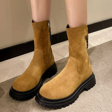 

ERTUTUYI Fashion Autumn And Winter Women Mid Boots Middle Heeled Thick Heeled Thick Soled Non Slip Solid Color Side Zipper Western Style Yellow 37