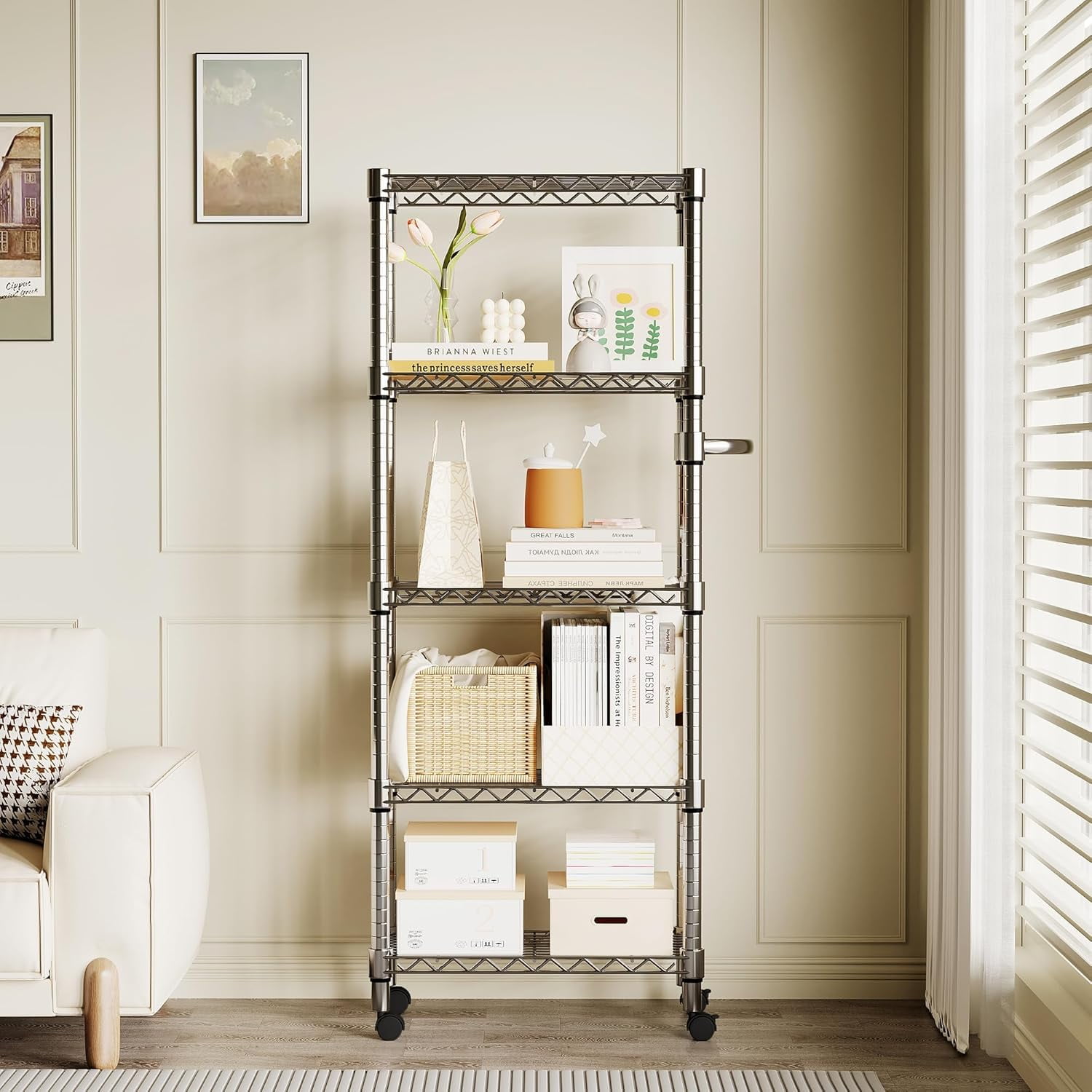 Garvee 5 Tier Metal Storage Shelves, with Lockable Wheels, 23.6 x 11.81 x 61.8 inch, Silver