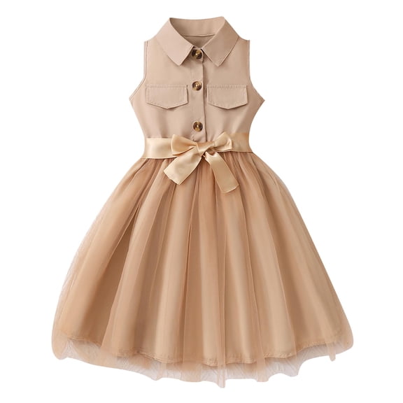 Gfyviroh Toddler Girls Dresses Sleeveless Button Front Summer Dresses Solid Patchwork Tulle Dresses,Size 2-13 Y