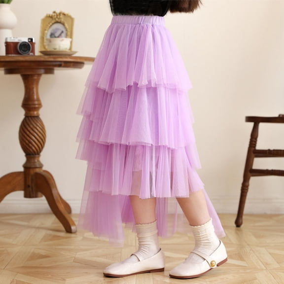 Cowsor Girls' Solid Color Mid-Length Gauze Skirt - Irregular Hem Pleated Dancing Skirt, Flowy Design for Party, School Shows & Festivals, 3-14 Years Old