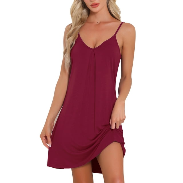 INSPIRAR CHIC Camisón sin mangas para mujeres, vestido de pijama de cuello en V, vestido de noche, chemise, vestido de noche L color rojo vino