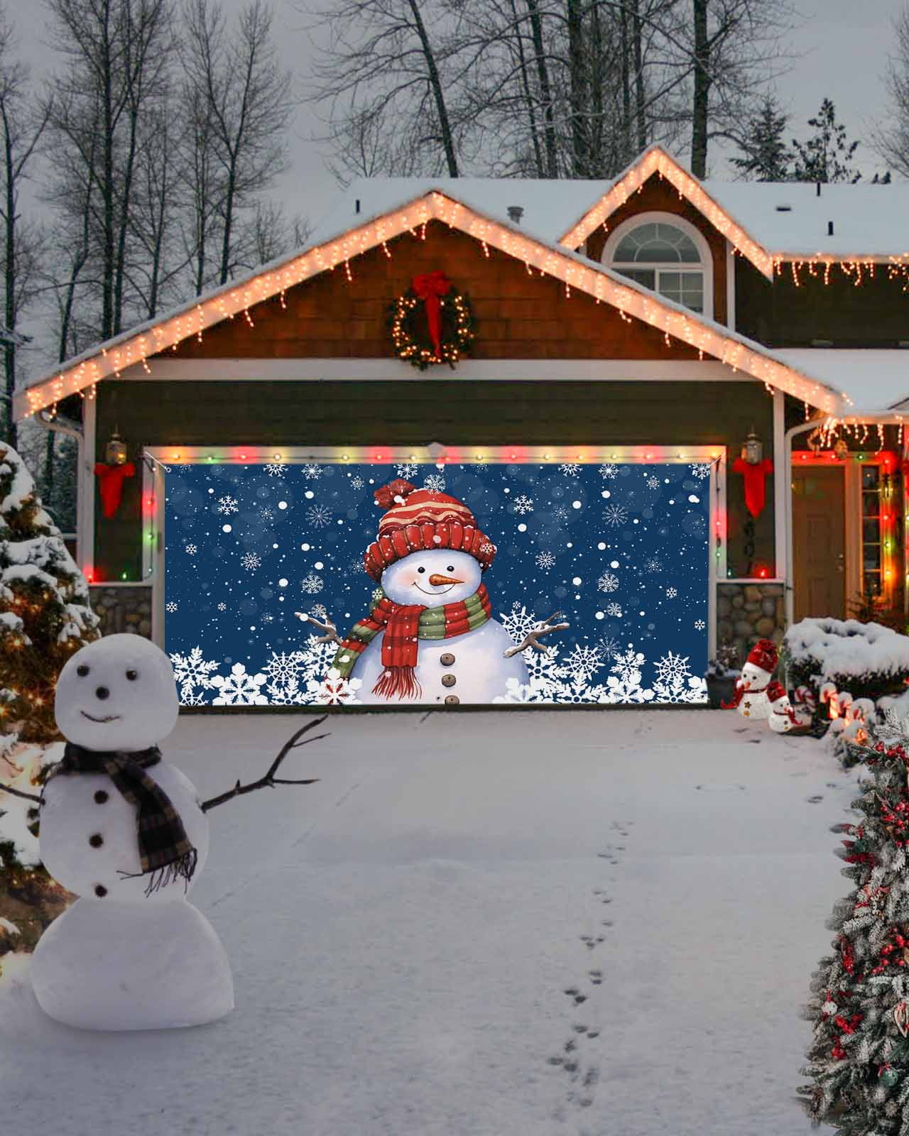 Garage Door Banner Cover 6 x 13 ft, Christmas Snowman with Cap Xmas Tree Snowflake Navy Blue Christmas Garage Door Decorations Holiday Christmas Backdrop Decor for Winter New Year Xmas Party