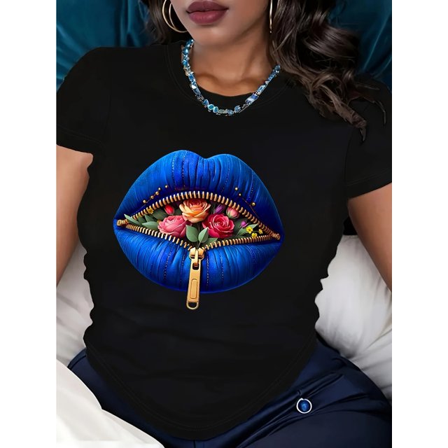 Women'S Floral Lip Print T-Shirt, Casual Crew Neck, 100% Cotton Knit Fabric, Regular Length, All Seasons, 220gsm - Spring/Summer Fashion Top