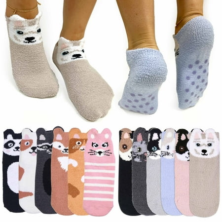 

6 Pairs Ladies Women Girls Soft Cozy Fuzzy Socks Ankle Grip Animal Slippers 6-8