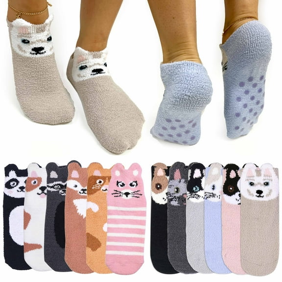 2 Pairs Women's Girl's Cozy Fuzzy Socks Ankle Non-Skid Grip Animal Slipper 6-8