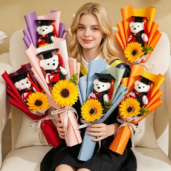 Dmlowu 2026 Graduation Bear Bouquet, Stuffed Animals with Knitted Sunflower, Handwoven Plush Graduation Gifts for Her Him, Graduation Decorations 2026 with Cup Gown