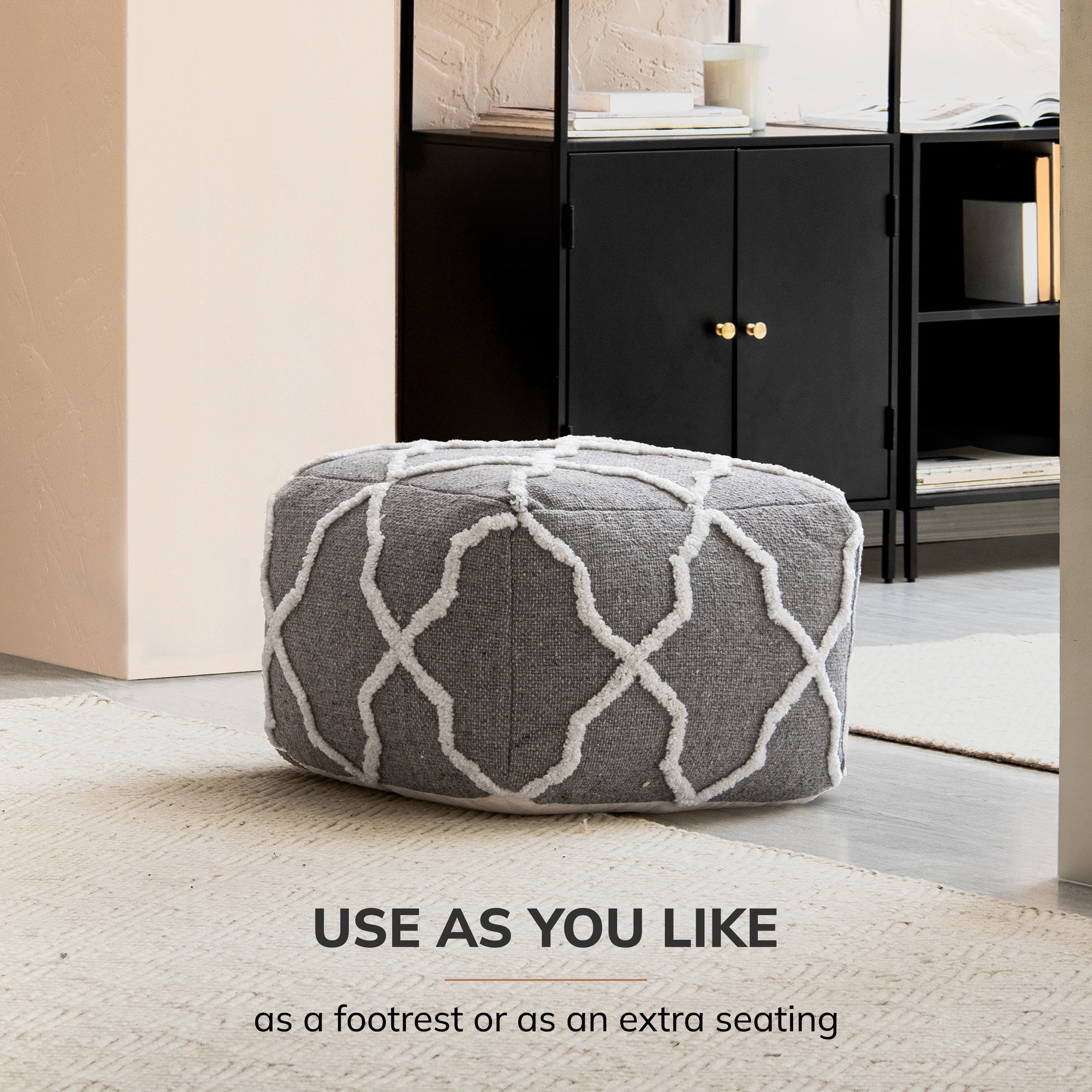 Diamond Joe Gray Ivory Jute Pouf Ottoman