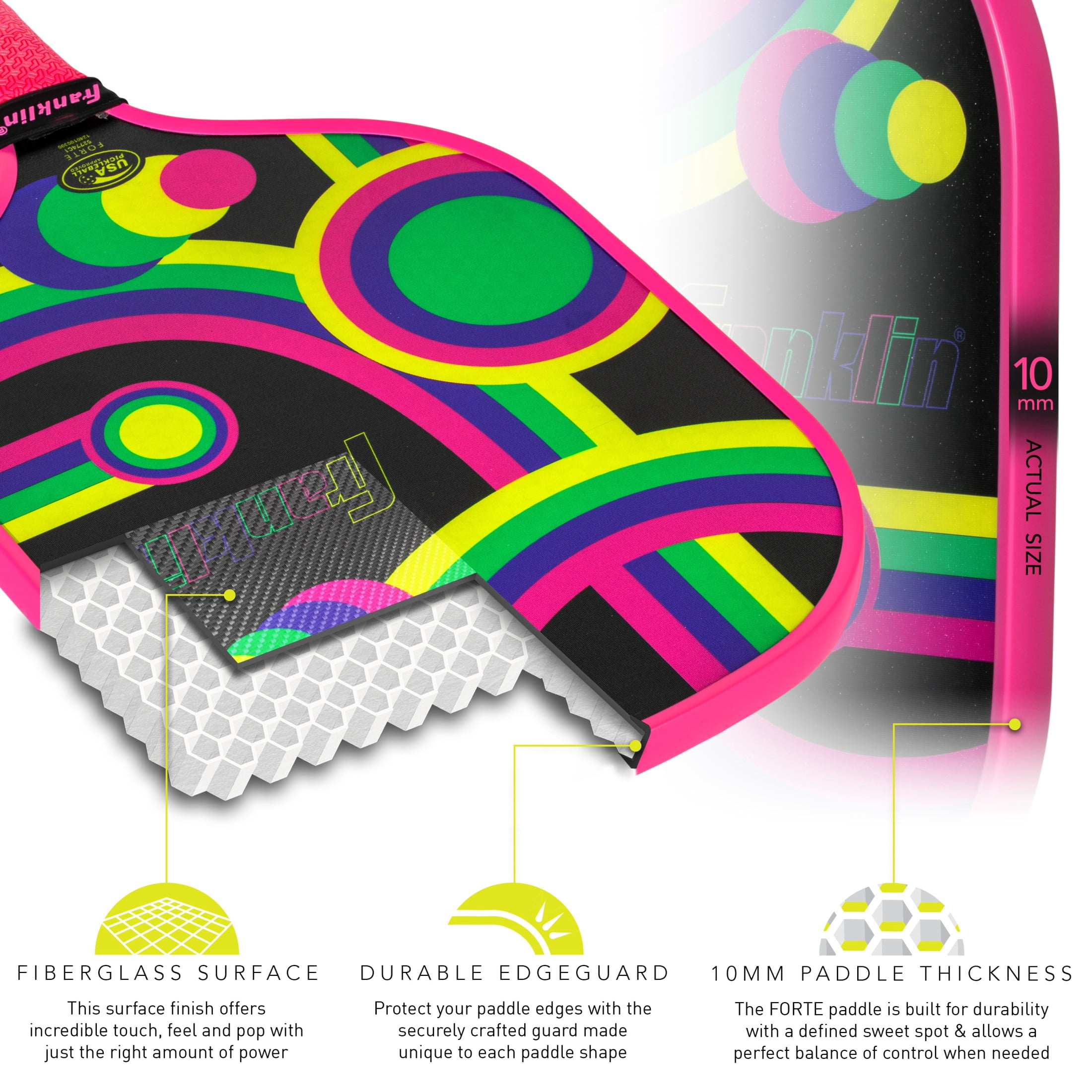 Franklin Sports Kids Pickleball Paddle - Forte Youth Pickleball Paddle for Kids - Junior Pickleball Paddle Series - USA Pickleball (USAPA) Approved - 10mm Polypropylene Core Pickleball Paddles - Pink