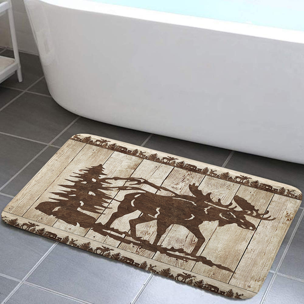 Cabin Bear Bathroom Rug, Rustic Lodge Wildlife Bath Mat, Vintage Moose