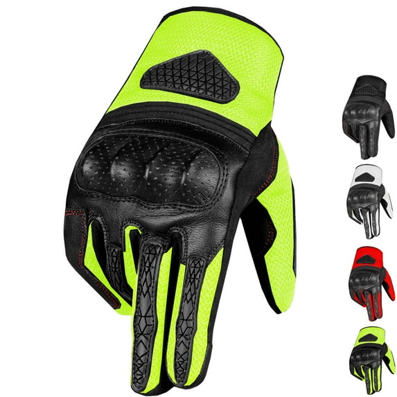 AirTrek Motorcycle Gloves Men Premium Leather Touchscreen Cruising Street Riding Tactical Ventilation Breathing Knuckle Armor Protection Palm Slider Padding HiVis Green XXL