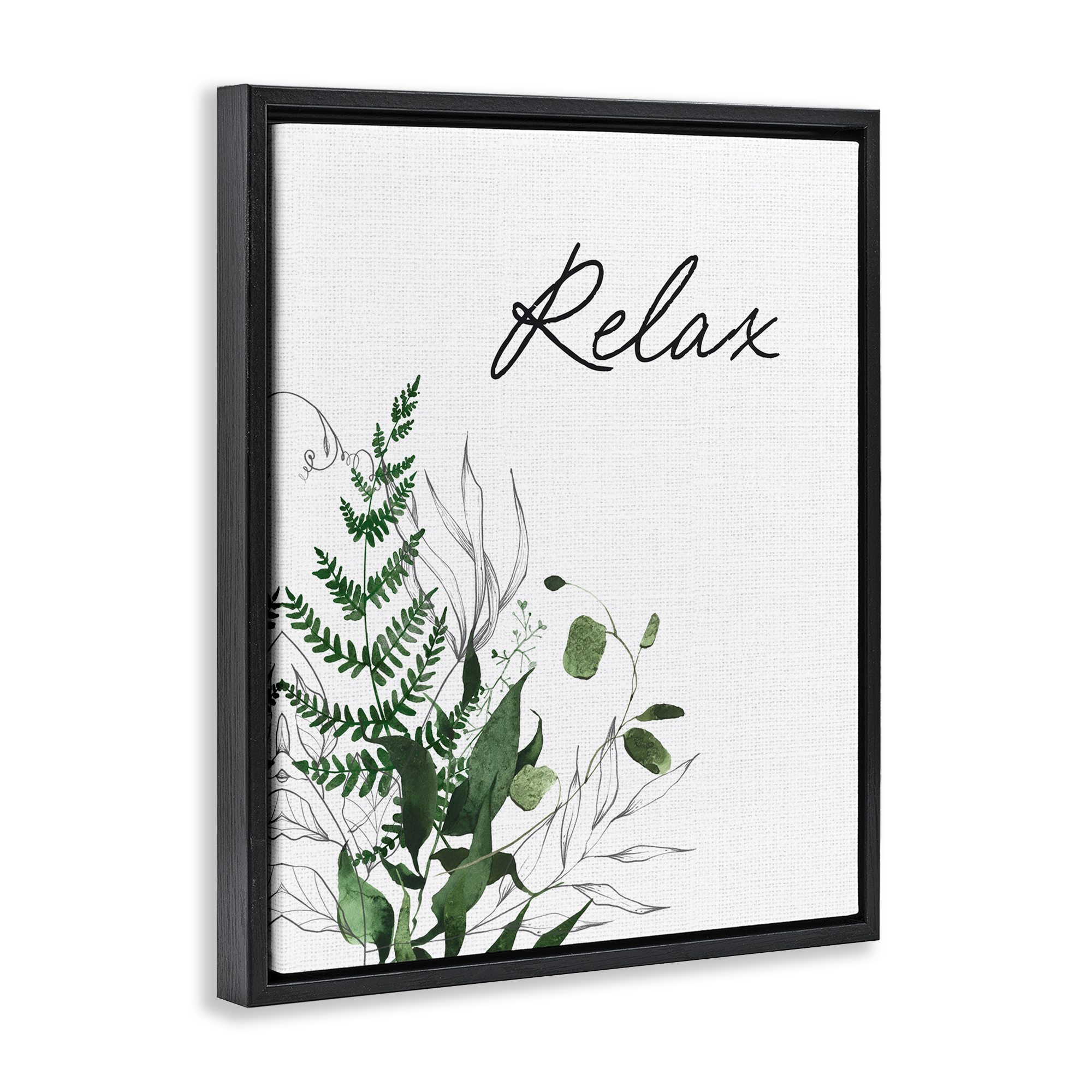 Relax Ferns & Botanicals Black Framed Floater Canvas Wall Art, design by Lettered and Lined