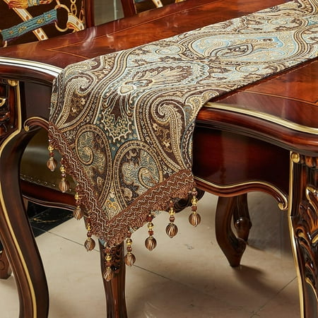 

Luxury Vintage Design Tablecloth 120 inches long Embroidered Jacquard Fabric with Multi-Tassel Tablecloth Dining Room Dresser Wedding Holiday Party Mantel Decoration (Coffee 12X120 inches)