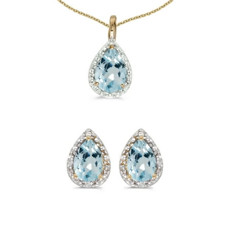 Aquamarine Pear Earrings - 10k Yellow Gold Pear Aquamarine And Diamond Earrings and Pendant Set