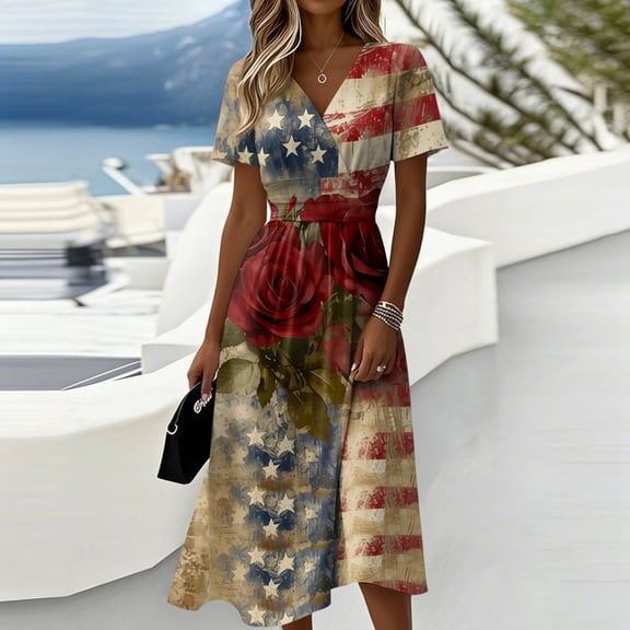 Womens 4th Of July Dress Star Striped Dresses A Line Short Sleeve Summer Party Vacation Dresses