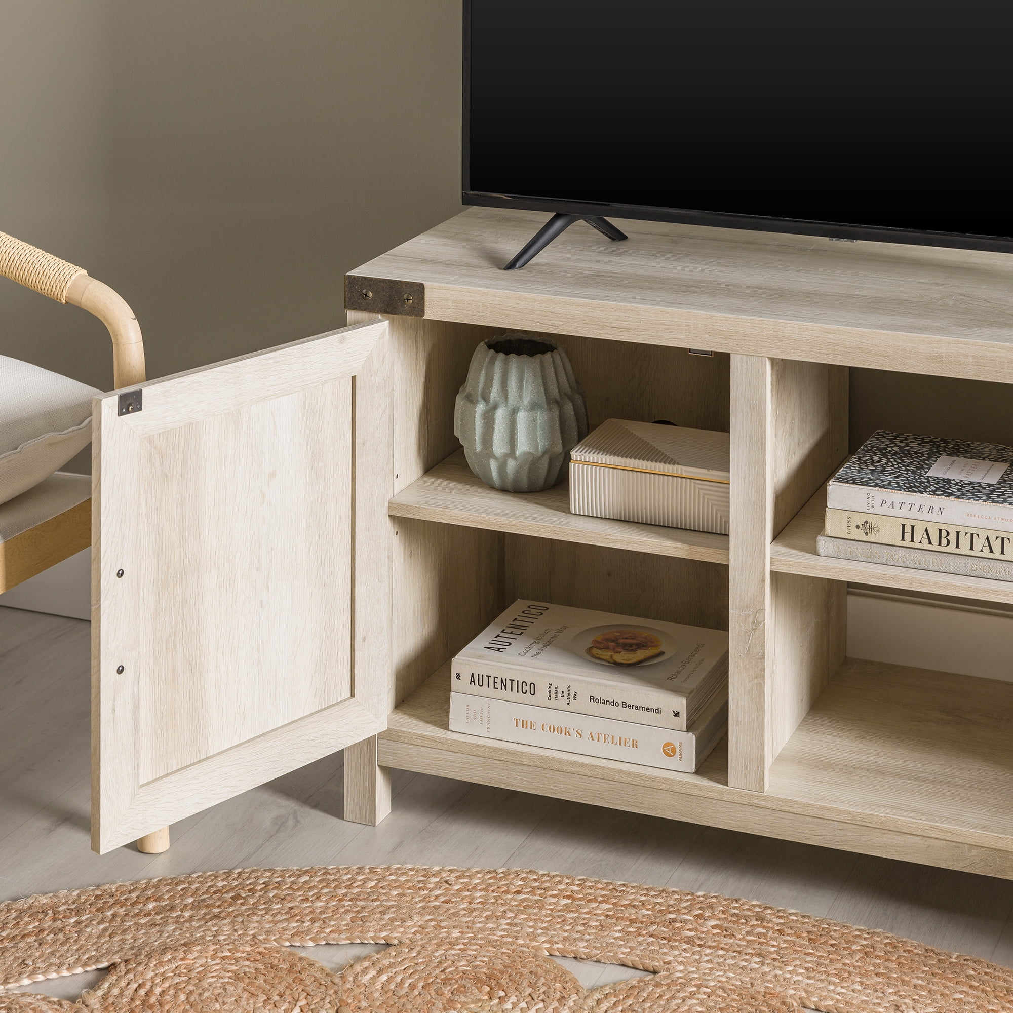 Woven Paths Farmhouse Barn Door TV Stand for TVs up to 50", White Oak