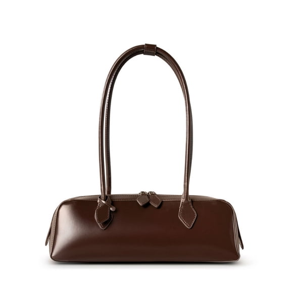 Genuine Cowhide Women Shoulder Bag, Coffee Smooth Leather Rectangular Barrel Bag