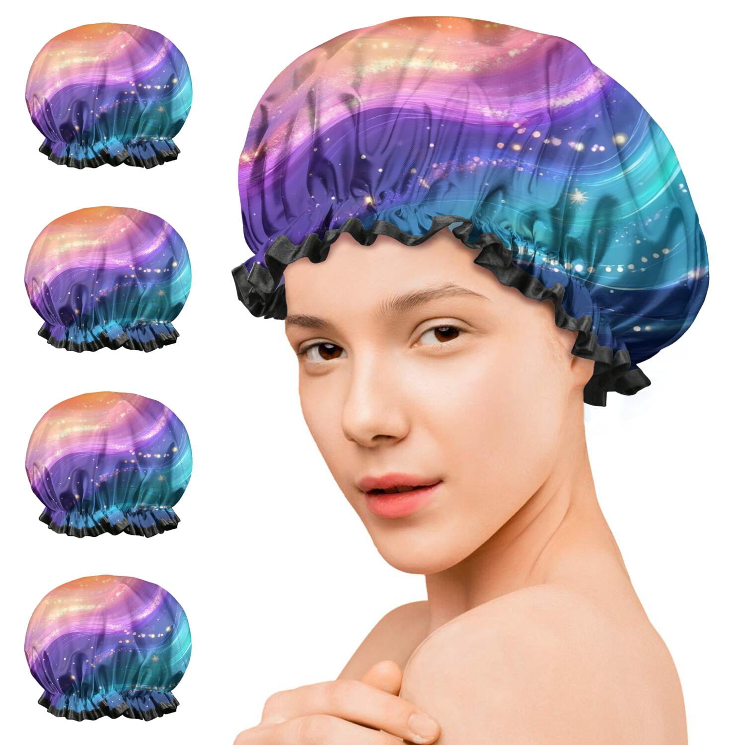 Shower Caps,Rainbow Tie Dye Wave Pattern Waterproof Shower Cap for Women 4 Pieces,Double Reusable Hair Cover for Shower PEVA Elastic Stretch Hem
