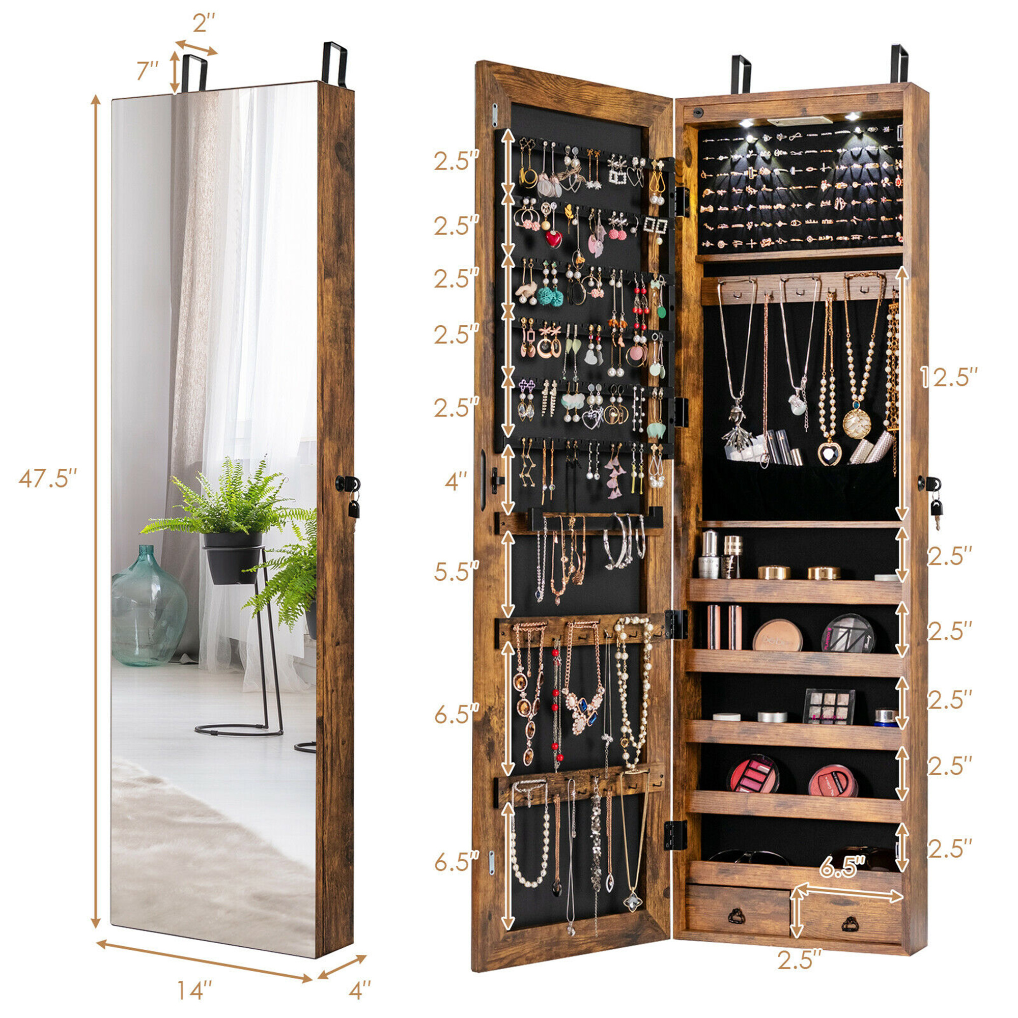 Gymax Brown Mirrored Wall & Door Mounted Jewelry Storage Cabinet Organizer W/ Lights & Drawer Rustic
