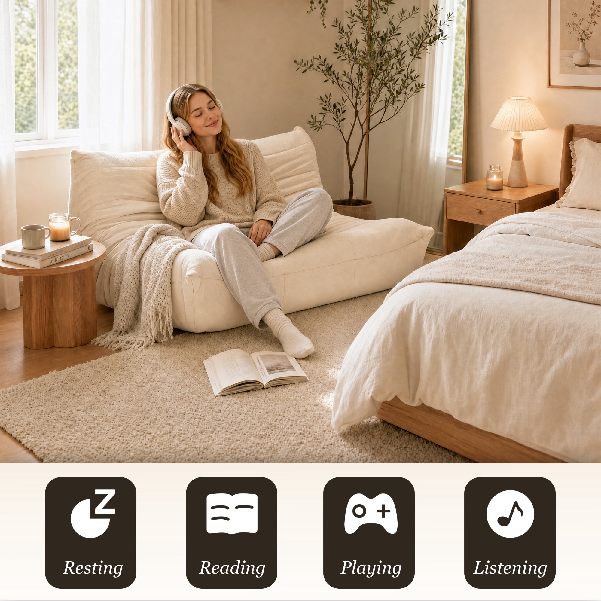 MOONMISS 53.14" Chenille Upholstered Oversized Lazy Sofa, 2-Seater Floor Sofa,Deep Seat Floor Bean Bag Loveseat for Cozy Home Decor, Beige