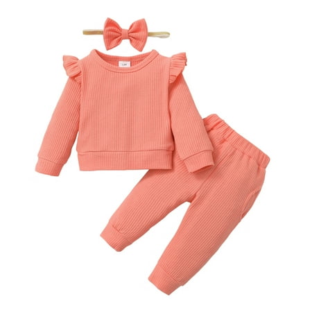 

2T Toddler Baby Girls Clothes 2-3T Baby Girls Outfits Solid Color Ruffle Long Sleeve Top Pants Headband 3PCS Winter Outfits Pink