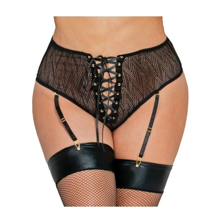 

Lacy Line Plus Size Sexy Lace Up Front Thong With Removable Garters
