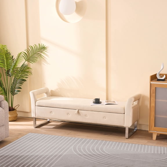 Beige Velvet Armrest Storage Bench - For Living Areas Hidden Compartment, Easy Setup To Assemble
