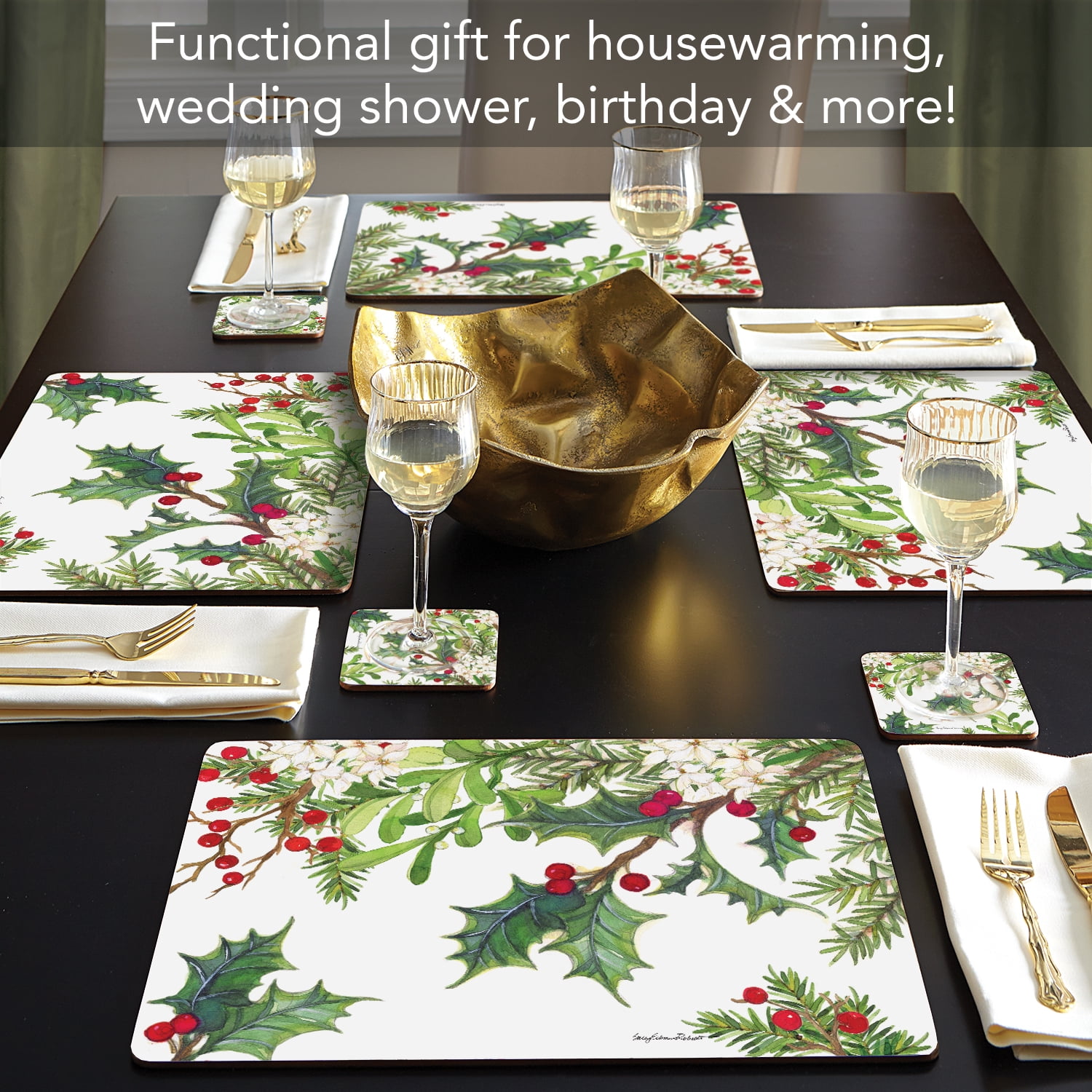 Cala Home "Balsam & Berries" Premium Decorative Hardboard Cork Back Tabletop Placemats 4 Pack