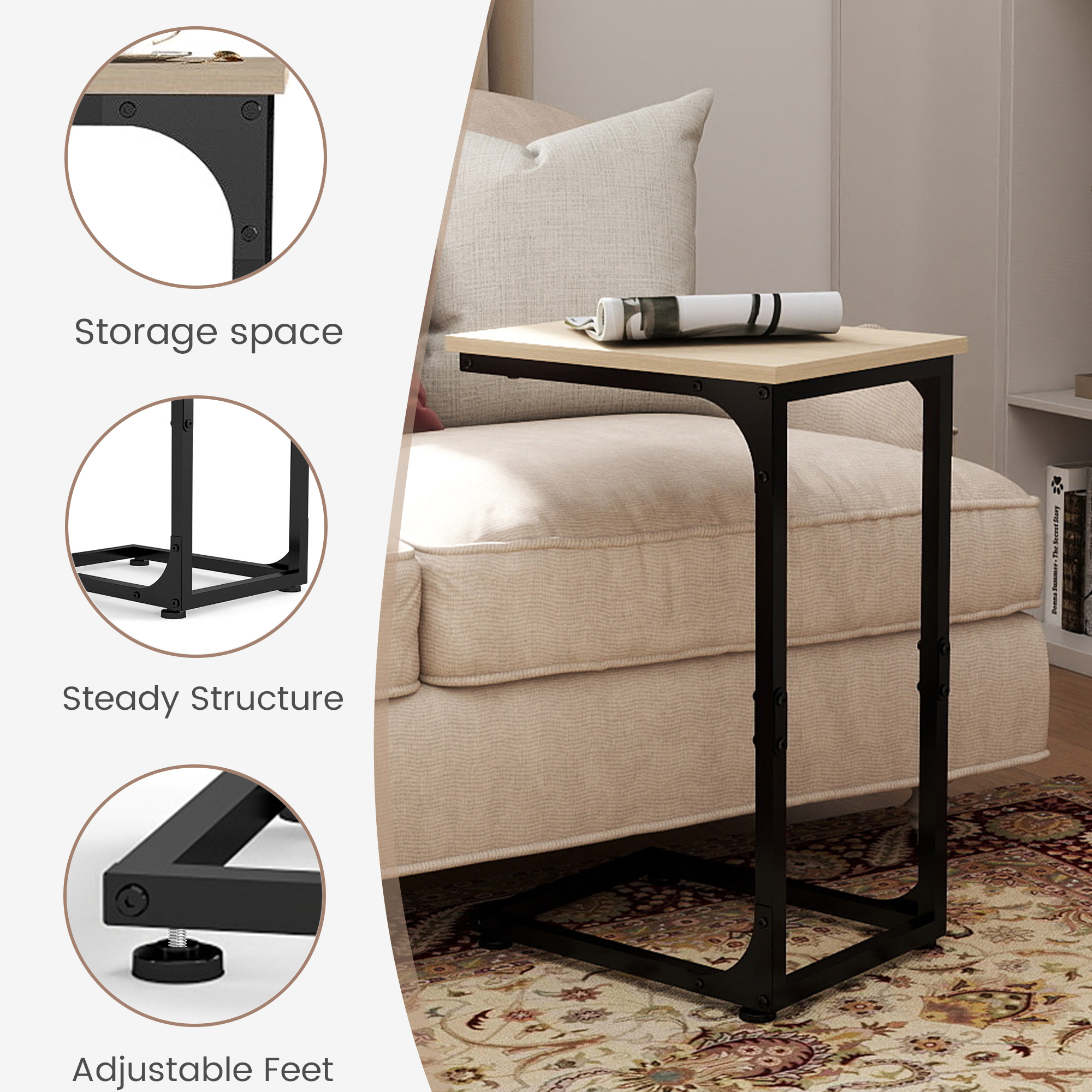 Melocadol C-Shaped End Table, C Shaped Under Couch Slider, Small Side Tables with Metal Frame, Adjustable Feet, for Living Room, Bedside, Sofa, TV Dinner, Recliner, Light Brown