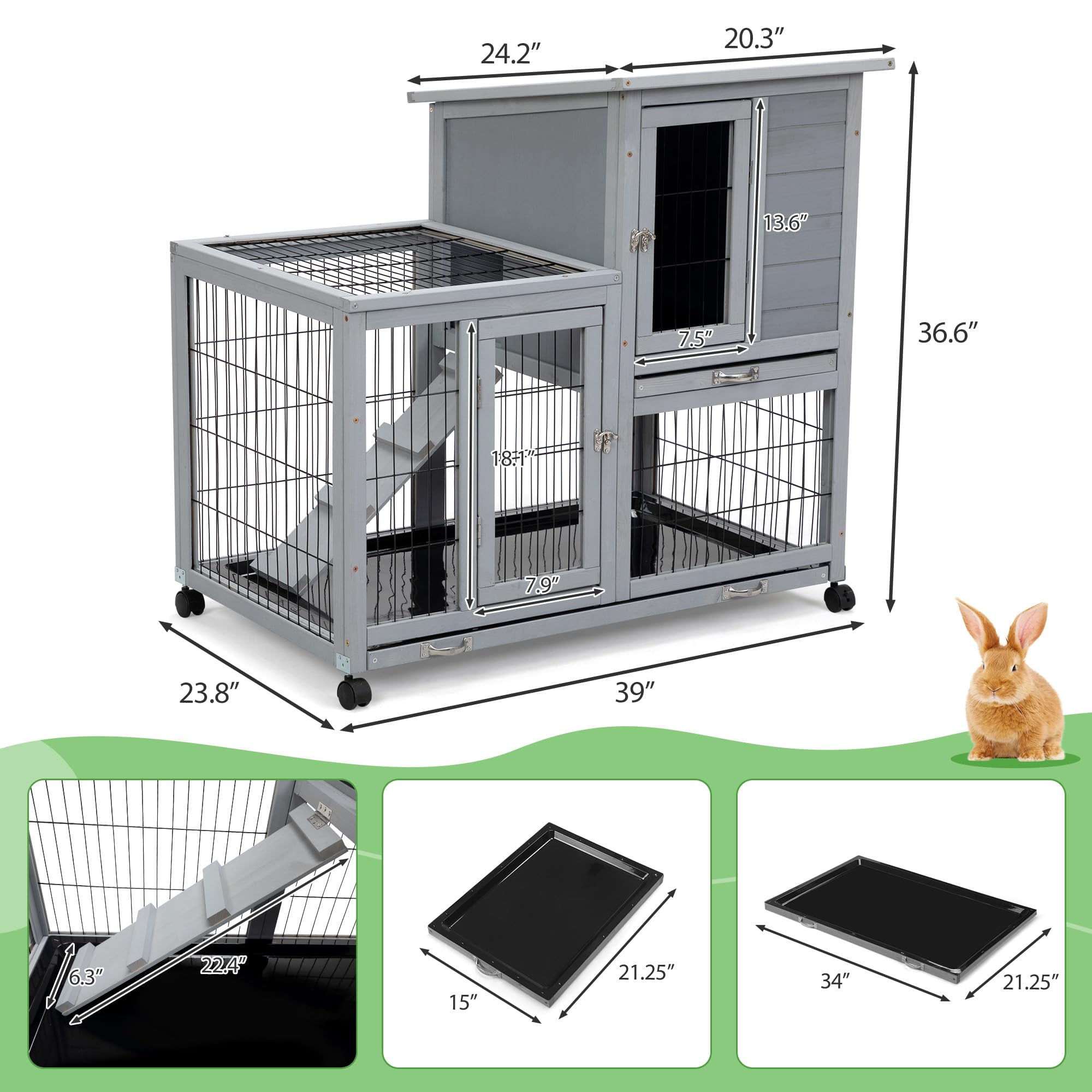 Wooden rabbit cage with balcony, rabbit cage with wheels, suitable for indoor and outdoor use, includes rabbit cage, removable tray, gray with pattern