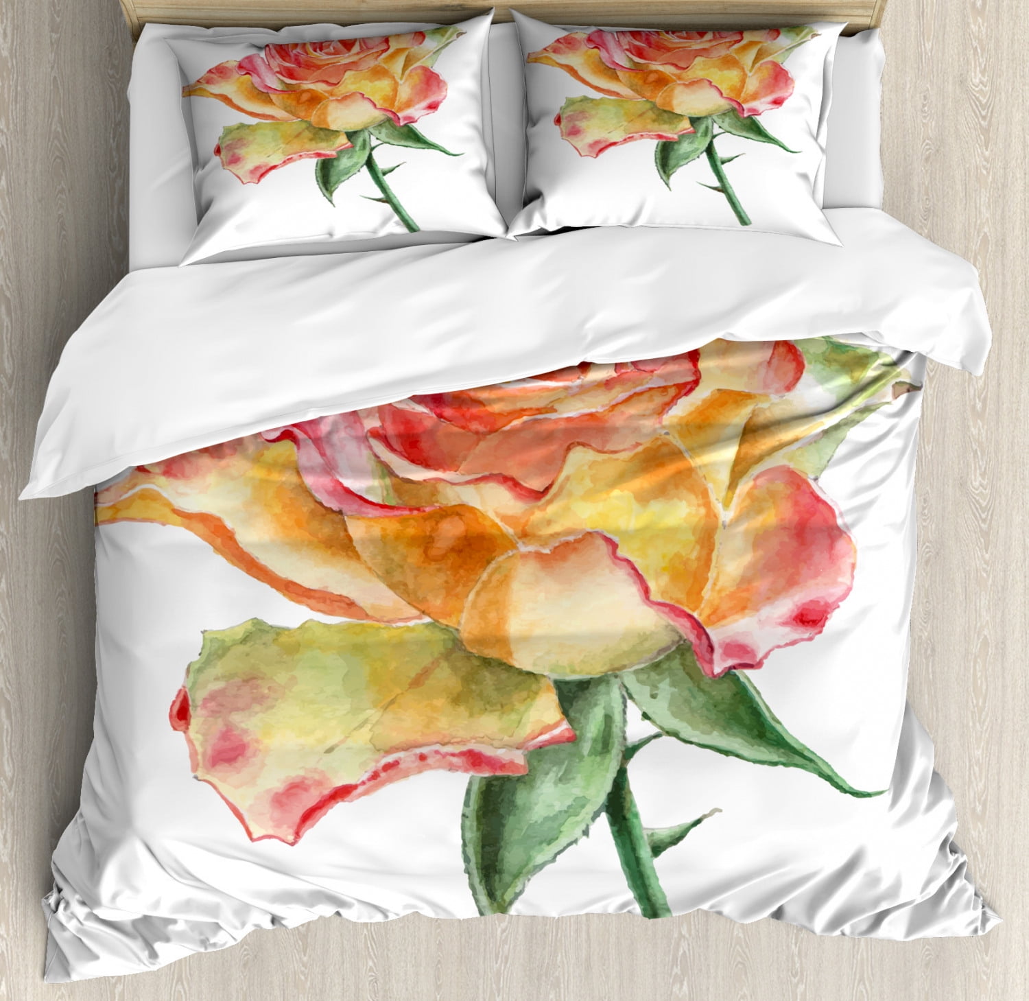 Rose Duvet Cover Set, Hand Drawn Rose in Watercolors Lively Petals Botanical Floral Inspiration