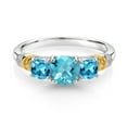 thumbnail image 2 of Gem Stone King 925 Silver and 10K Yellow Gold Swiss Blue Topaz and Diamond 3-Stone Ring for Women (1.87 Cttw, Gemstone November Birthstone, Cushion Checkerboard 6MM and 4MM, Size 7), 2 of 3