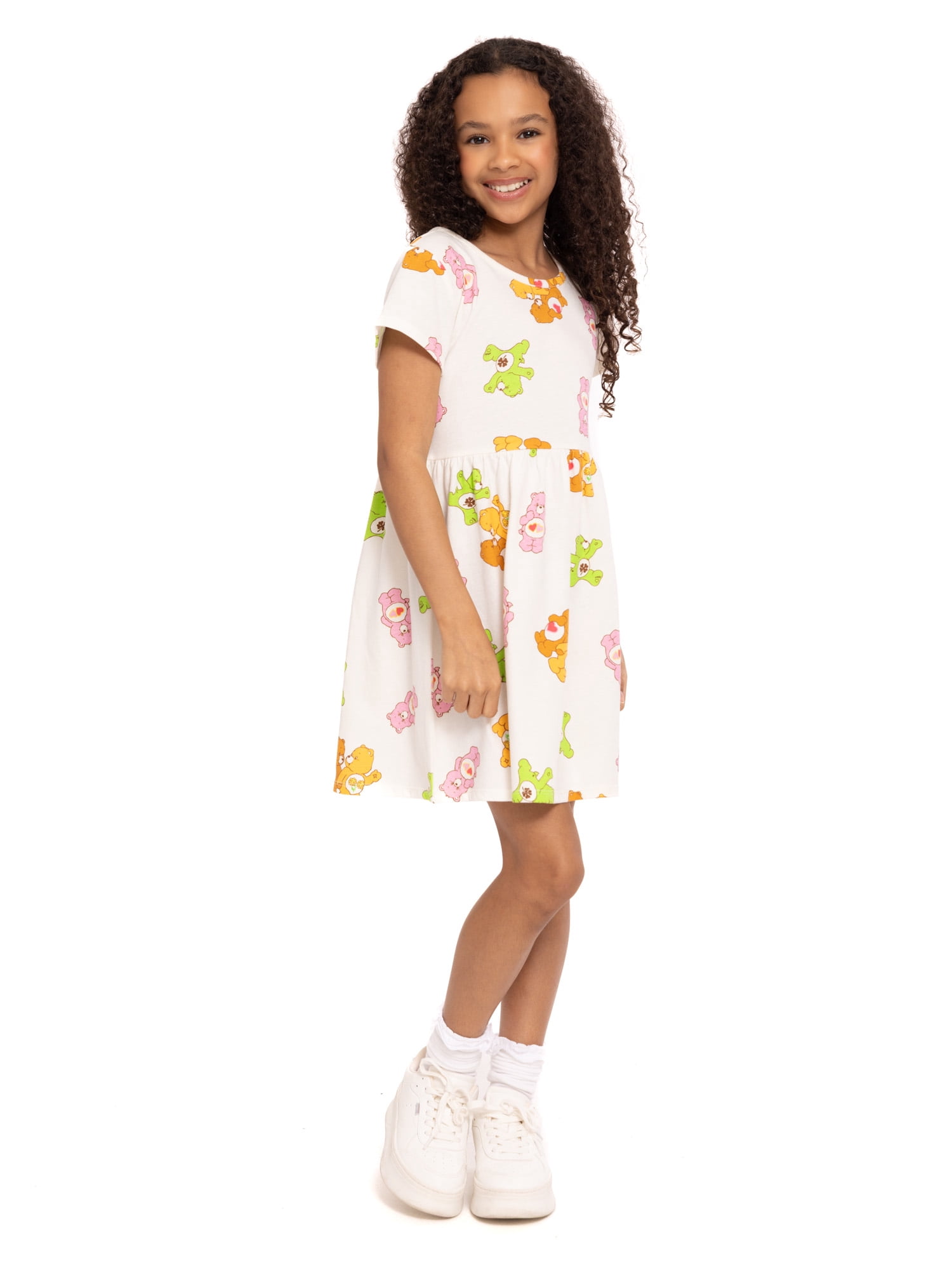 Care Bears Girls Allover Print Dress with Short Sleeves, Sizes 4-12