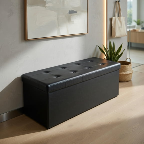 Resenkos 45 Inches Large Folding Ottoman Storage Seat-Black, Folding Footstools,Multi-Functional Ottoman for Entryway, Bedroom, and Living Room