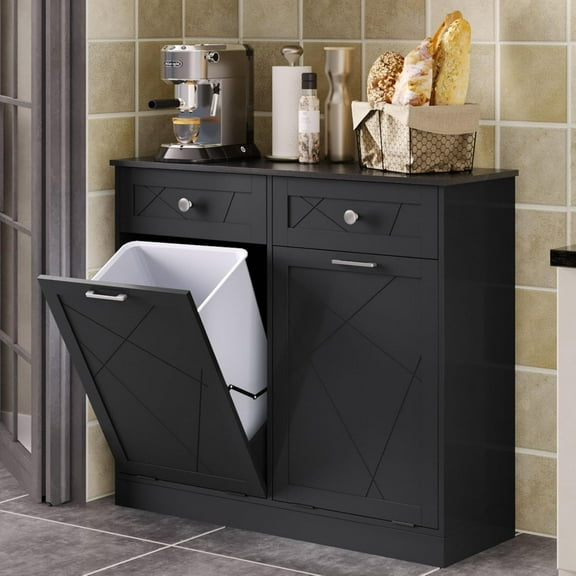 Trash Cabinet Double Tit Out Trash Bin, Dog Proof Hideaway Tilt Out Double Trash Can Holder with Two Drawers, Free Standing Recycling Cabinet for Kitchen Living Room White Double Door Black
