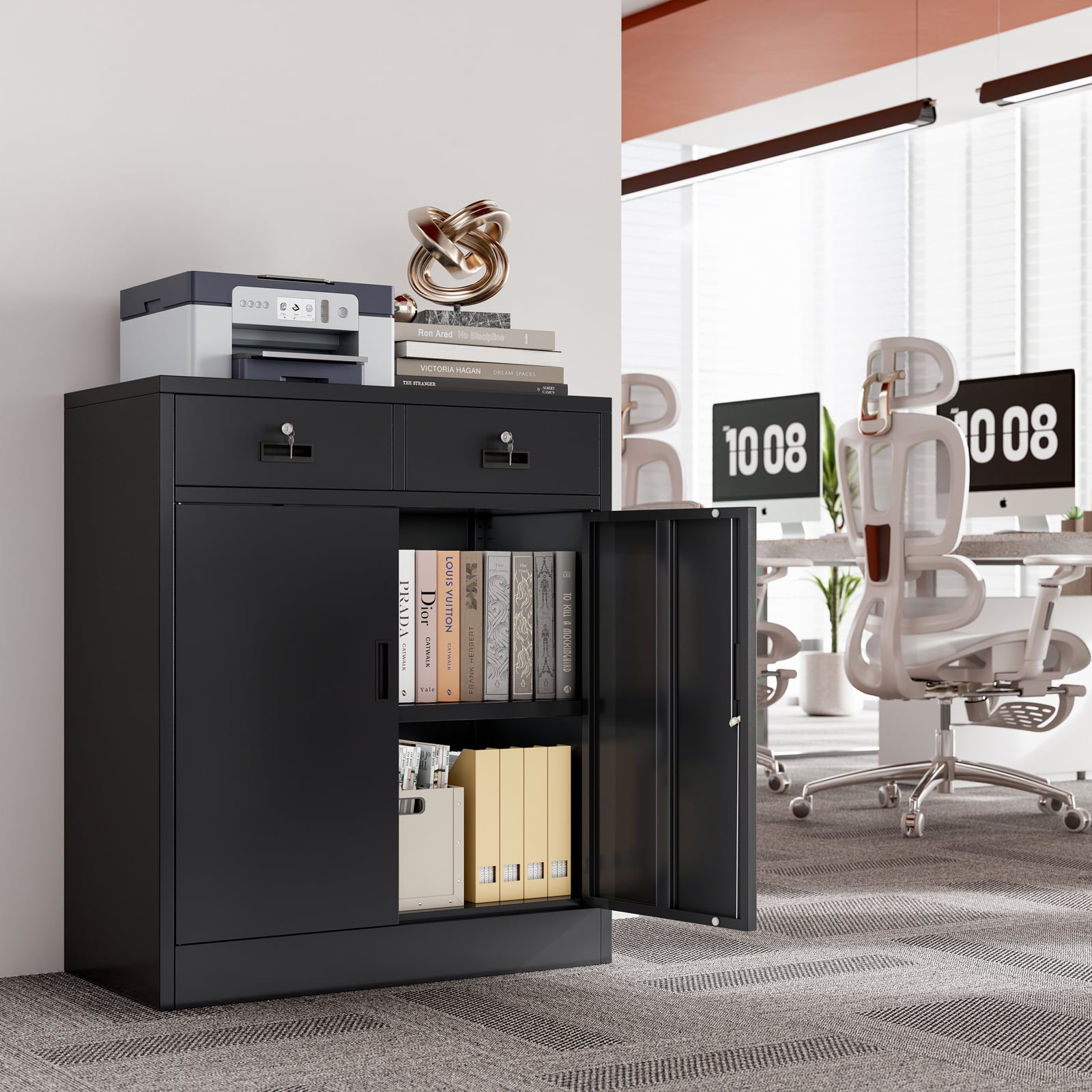 Metal Storage Cabinet with 2 drawers. Lockable Steel Storage Cabinet with Doors and Shelve, 37”H Office Cabinet for Home, Garage, Warehouse with large storage space. (Black)