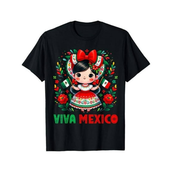 Light - Hearted Graphic Tee,Tops Has Cartoon Mexican Girl with "VIVA MEXICO" Text Design, Round Neck Regular Fit T - shirts, Size(S - 5XL)