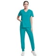 thumbnail image 3 of STICHOU Scrubs Sets for Women 2 Piece Nurse Working Uniforms Casual Comfy Solid V-Neck Caregiver Top and Drawstring Waist Pants with Pockets Blue 2XL, 3 of 6