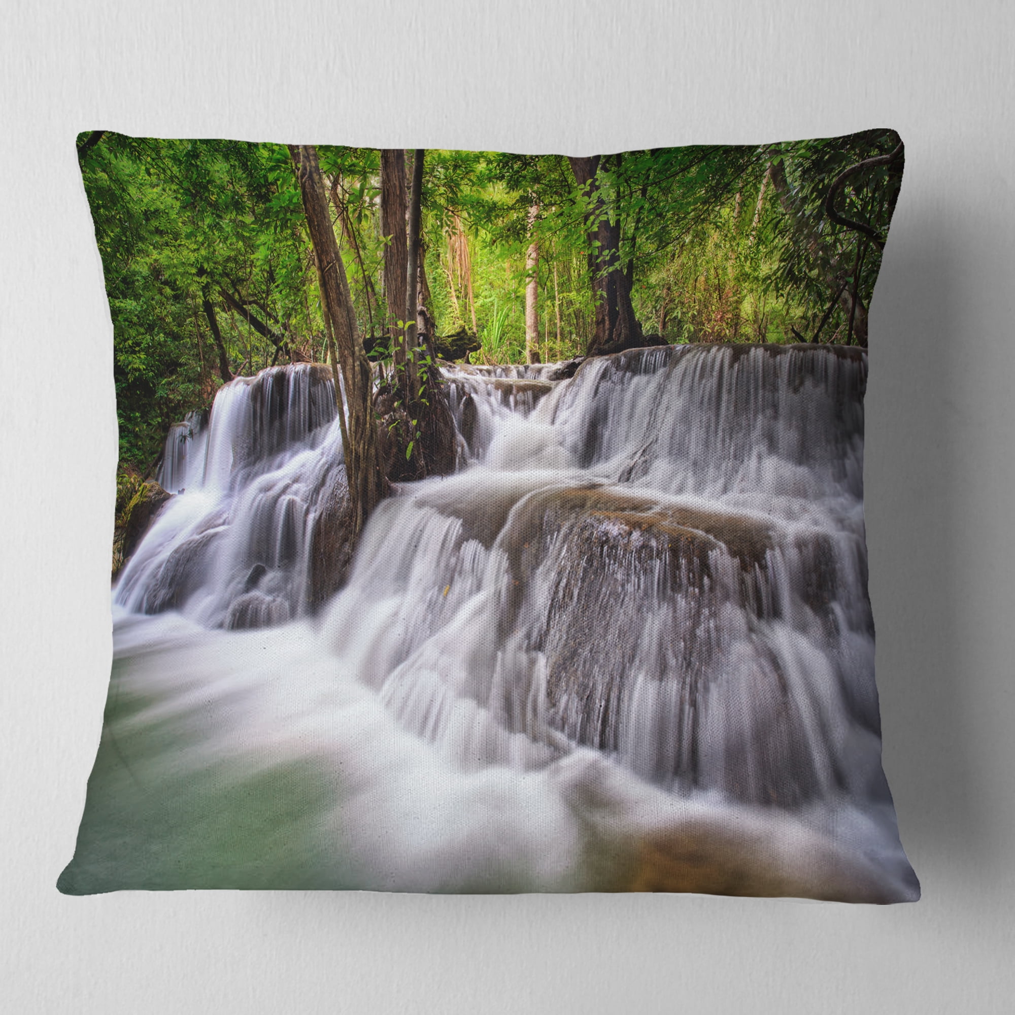Designart Waterfall Huai Mae Kamin - Landscape Printed Throw Pillow - 16x16