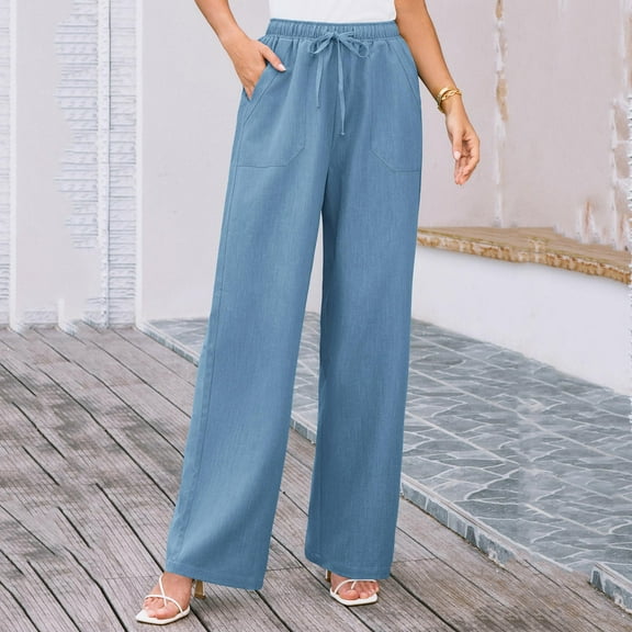 Xunlbb Up to 60% Off Women'S Spring Solid Color Lace-Up With Cotton And Linen All Straight Leg Casual Pants Gift for Women ,Light Blue S