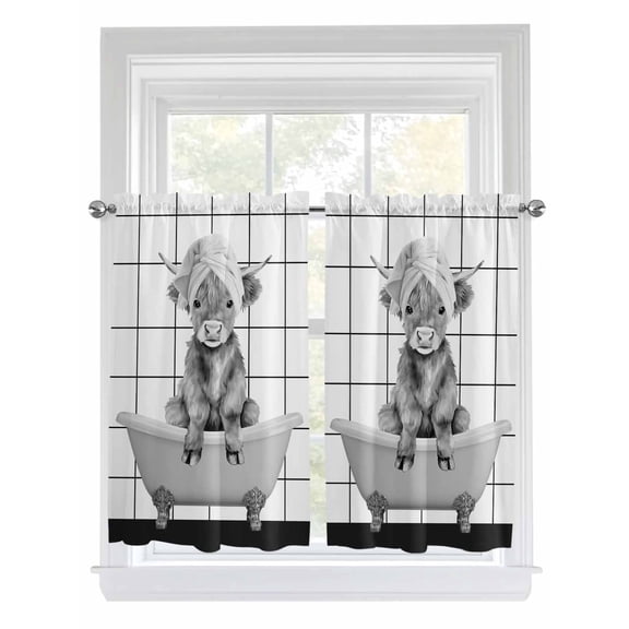 Vintage Grey Yak Bathroom Window Curtain, Bathtub Farmhouse Retro Art Light Filtering Coffee Kitchen Curtains, Bedroom Living Room Curtains 2 Panel 84"x54"