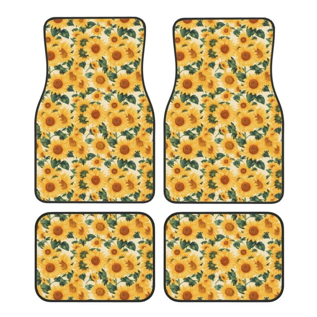 Kdxio Tapis de Sol de Voiture Imprimé Tournesol Feuille Verte Universel SUV avant Arrière Tapis de Sol 4 Pcs Ensemble Complet avec Dos en Caoutchouc Antidérapant Accessoires de Voiture pour la Plupart des Voitures