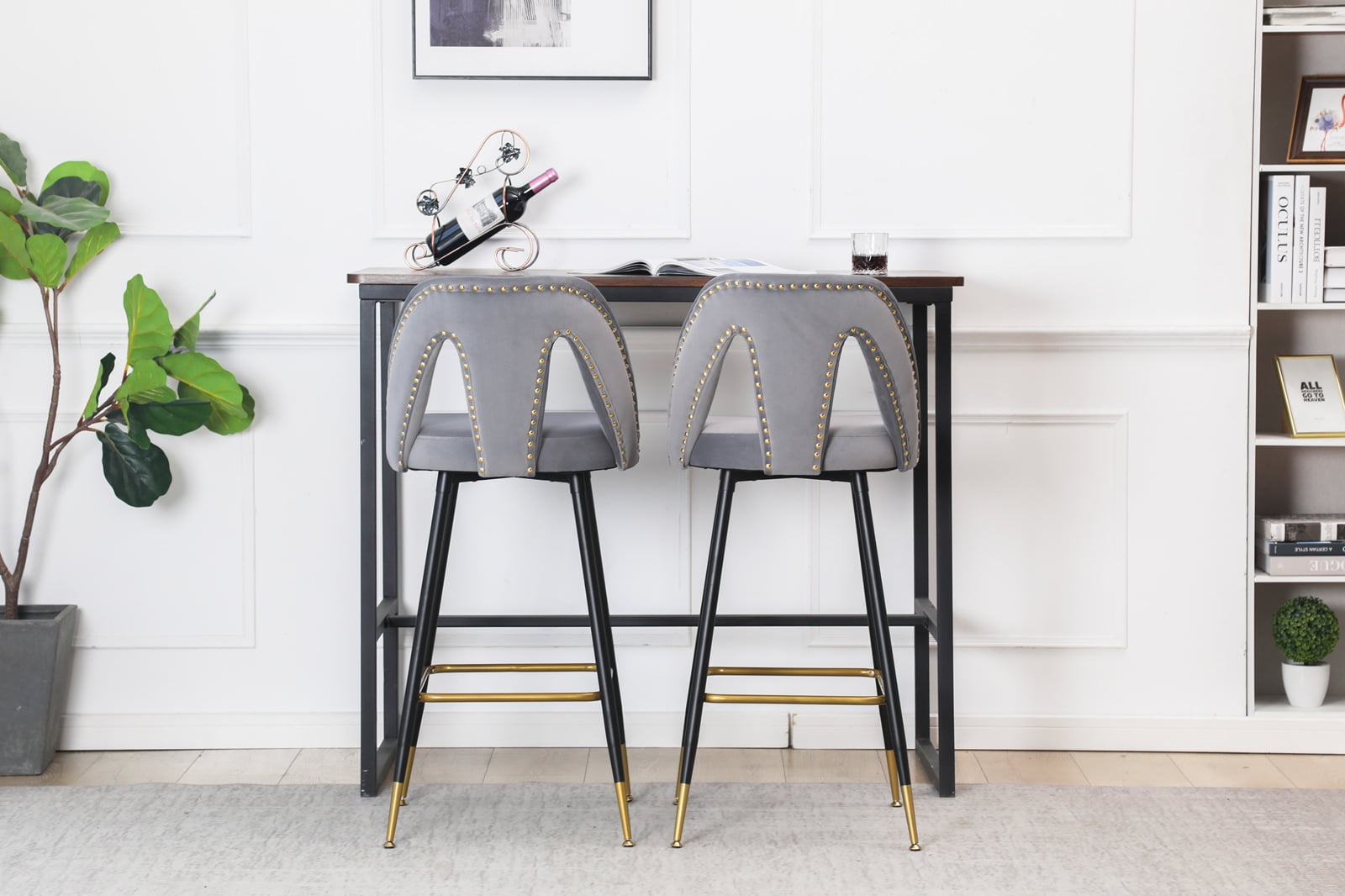 Kepooman 28" Bar Stools, Set of 2 Counter Height Stools Industrial Metal Barstools with Nailheads and Gold Tipped Black Metal Legs, Grey