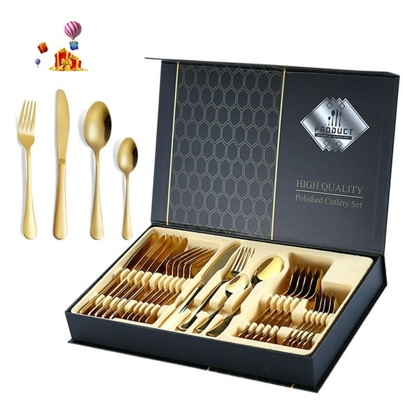 CJC 24-Piece Stainless Steel Gold Flatware Set, Kitchen Utensils Knife Fork Spoon Flatware Set with Present Box, Tableware Mirror Finish, Smooth Edge, Service for 6