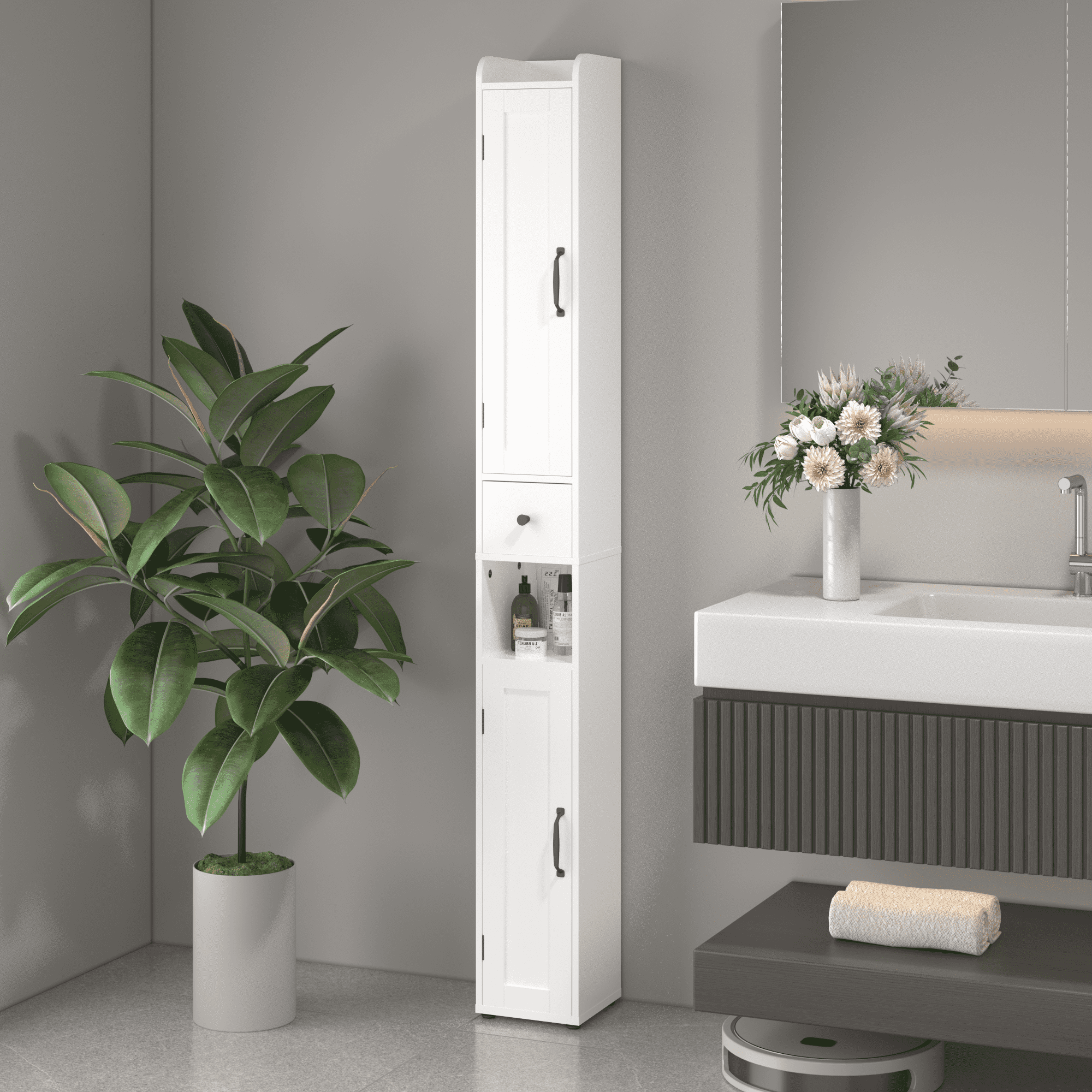 Euroco Tall Narrow Bathroom Storage Cabinet with Adjustable Shelves, Free-Standing Linen Cabinet with Reversible Doors, Waterproof MDF, White
