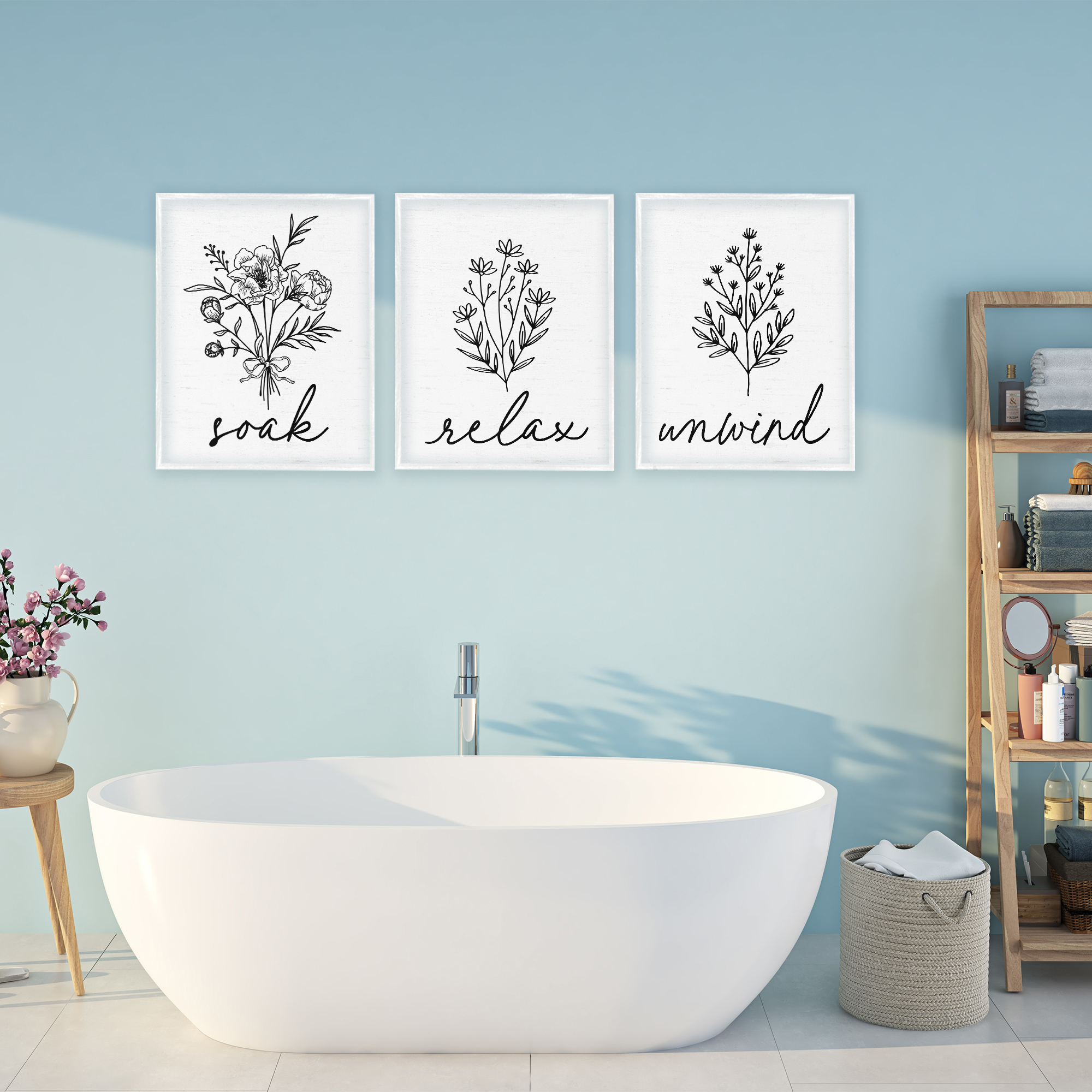 Bathroom Herbs for Relaxation 3 Piece White Framed Giclee Art Set, design by Lettered and Lined
