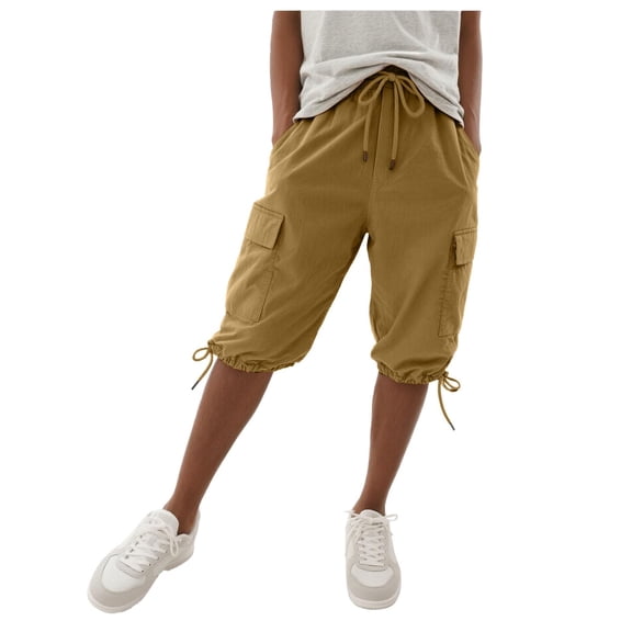 Inglocry Bermuda Shorts for Women Knee Length Long Shorts Elastic Waist Drawstring Linen Capris Summer Casual Pedal Pushers with Pocket Khaki L