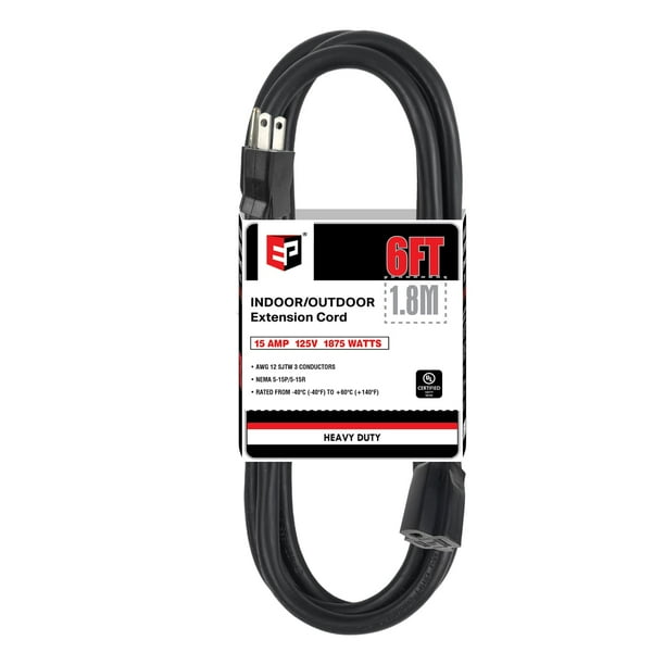Cable de extensión para exteriores EP, 6 pies, 12/3, SJTW, resistente, negro