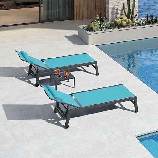 PURPLE LEAF Patio Lounger Set of 3 – Outdoor Chaise Lounge Chairs with Reclining Back, Aluminum Frame, Wheels, Side Table & Cushions – Perfect for Pool, Garden, or Backyard Relaxation,Turquoise